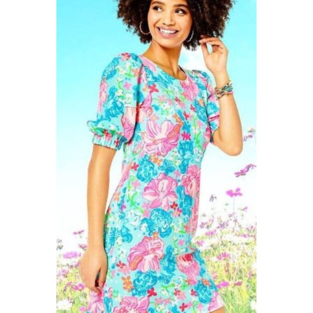 Lilly Pulitzer Cayce Surf Blue Luscious Lions Puff Sleeves Terry Dress